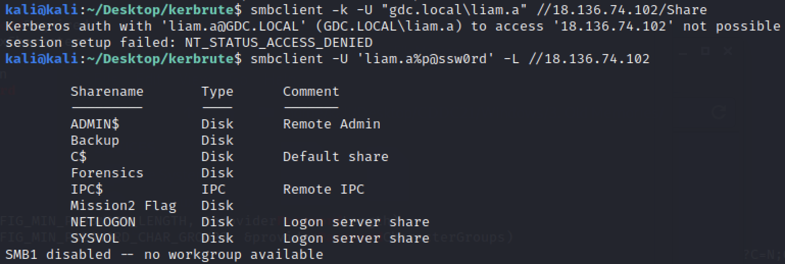 Using the username:password of liam.a:p@ssw0rd, we can list the shares Liam has access to