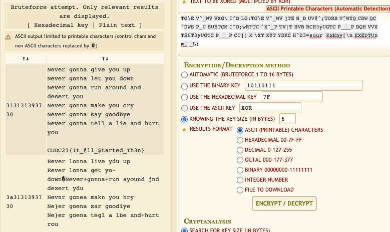 Since we know that it is an XOR cipher and we also know the length of the key, we can bruteforce the decryption through the online tool