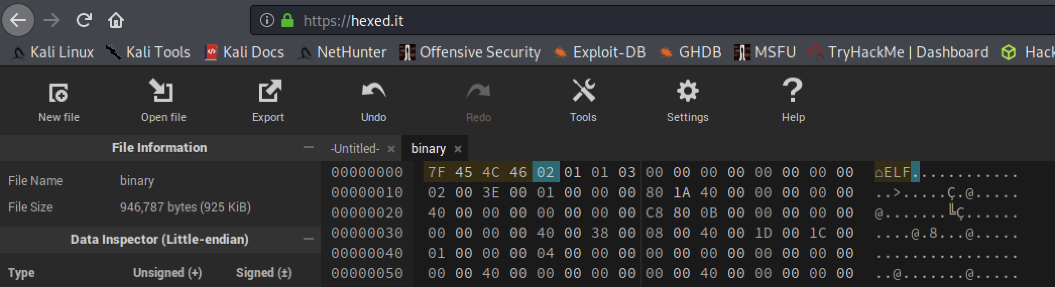 Using a hex editor, let's replace CDDC with the correct ELF file headers